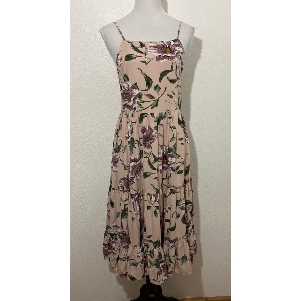 Band of Gypsies BOG Collection Tan Multi Floral Tiered Midi Dress Size M Straps